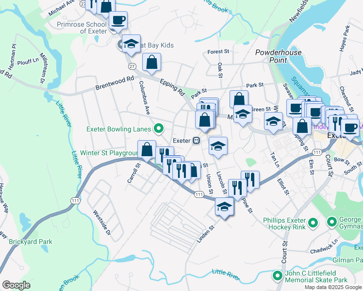 map of restaurants, bars, coffee shops, grocery stores, and more near 58 Winter Street in Exeter