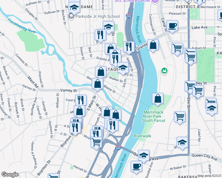 map of restaurants, bars, coffee shops, grocery stores, and more near 140 South Main Street in Manchester