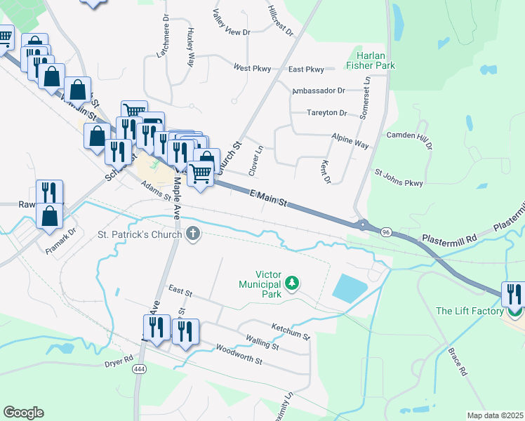 map of restaurants, bars, coffee shops, grocery stores, and more near 182 East Main Street in Victor