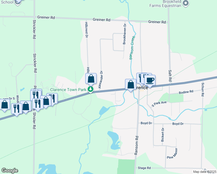 map of restaurants, bars, coffee shops, grocery stores, and more near 4945 Alexander Drive in Clarence