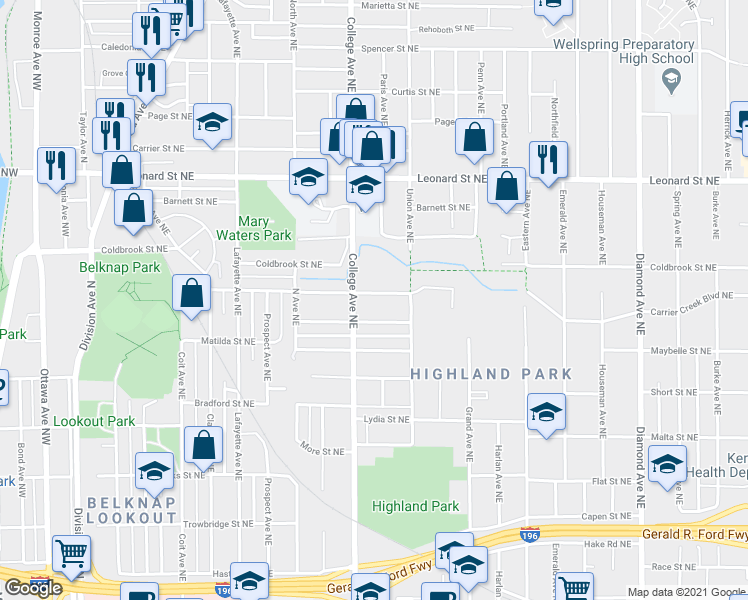 map of restaurants, bars, coffee shops, grocery stores, and more near 527 Cedar Street Northeast in Grand Rapids