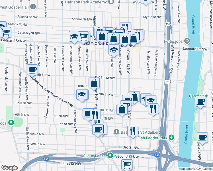 map of restaurants, bars, coffee shops, grocery stores, and more near 945 Davis Avenue Northwest in Grand Rapids