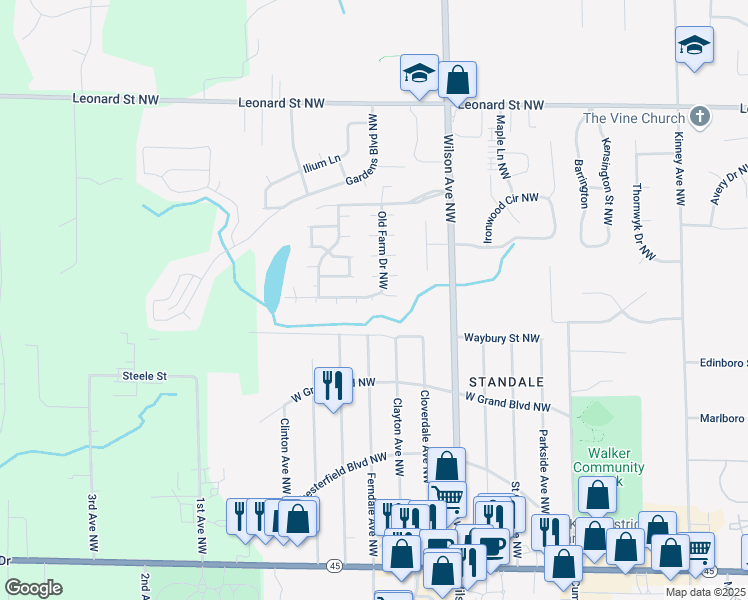 map of restaurants, bars, coffee shops, grocery stores, and more near 865-883 Old Farm Dr NW in Walker