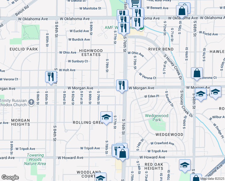 map of restaurants, bars, coffee shops, grocery stores, and more near 7707 West Morgan Avenue in Milwaukee