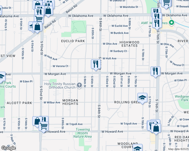 map of restaurants, bars, coffee shops, grocery stores, and more near 8402 West Morgan Avenue in Milwaukee