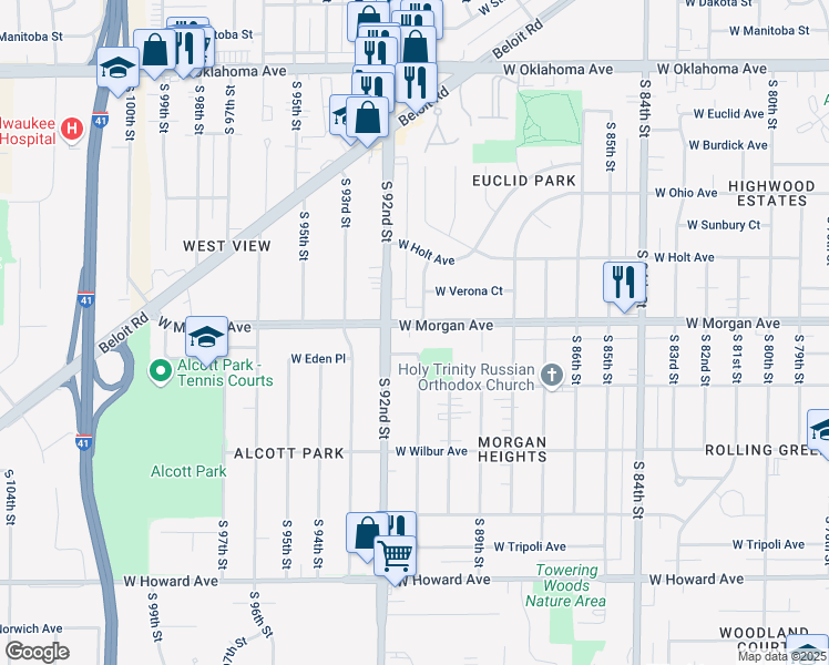 map of restaurants, bars, coffee shops, grocery stores, and more near 9024 West Morgan Avenue in Milwaukee