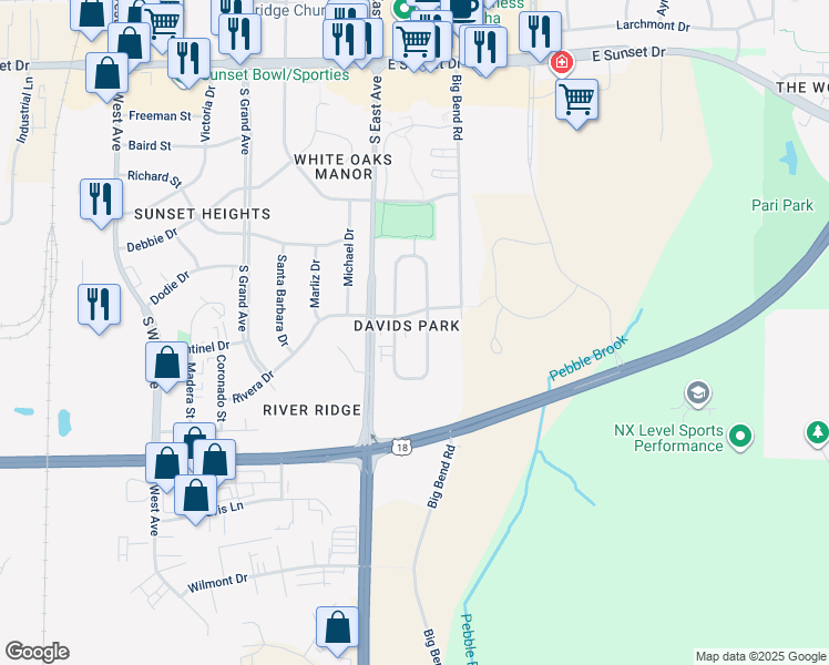 map of restaurants, bars, coffee shops, grocery stores, and more near 109 East Rivera Drive in Waukesha
