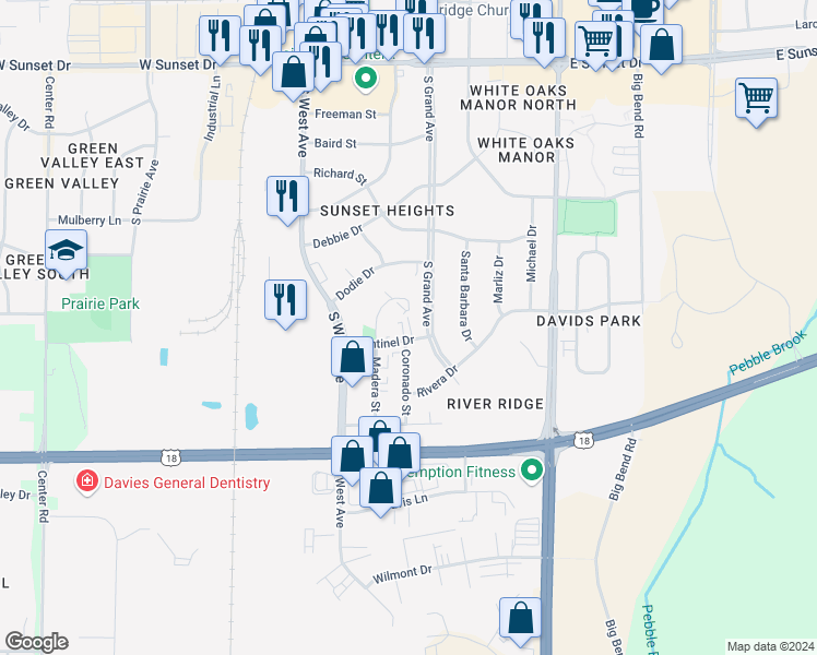 map of restaurants, bars, coffee shops, grocery stores, and more near 1918 South Grand Avenue in Waukesha