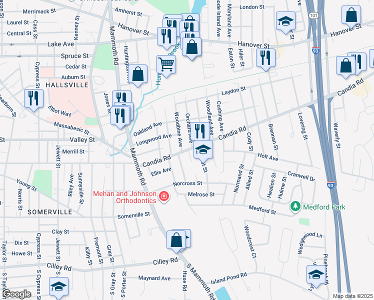 map of restaurants, bars, coffee shops, grocery stores, and more near 202 Candia Road in Manchester
