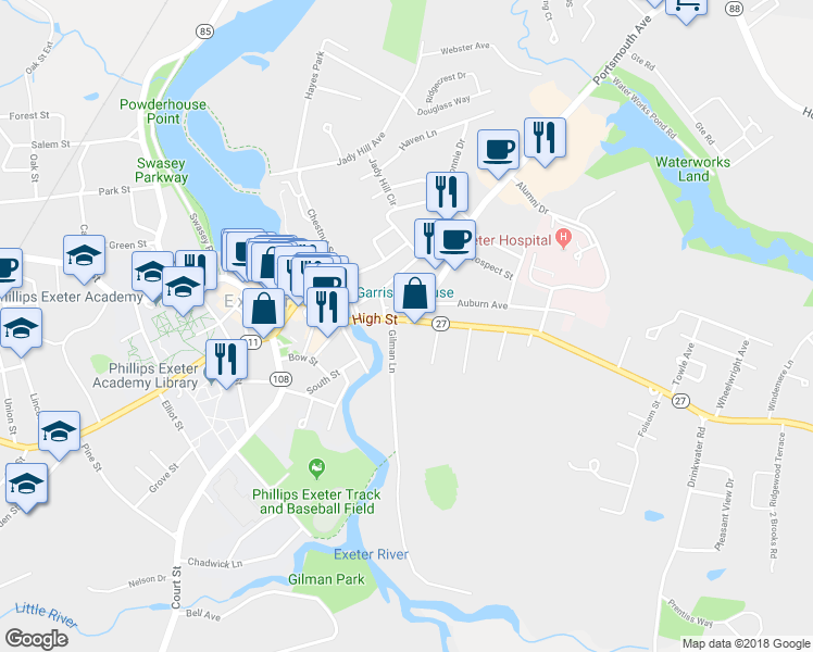 map of restaurants, bars, coffee shops, grocery stores, and more near 35 High Street in Exeter