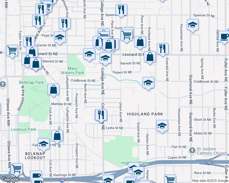 map of restaurants, bars, coffee shops, grocery stores, and more near 536 Cedar Street Northeast in Grand Rapids
