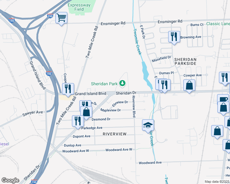 map of restaurants, bars, coffee shops, grocery stores, and more near 900 Sheridan Drive in Tonawanda