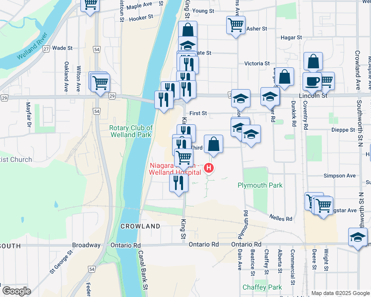 map of restaurants, bars, coffee shops, grocery stores, and more near 65 Third Street in Welland
