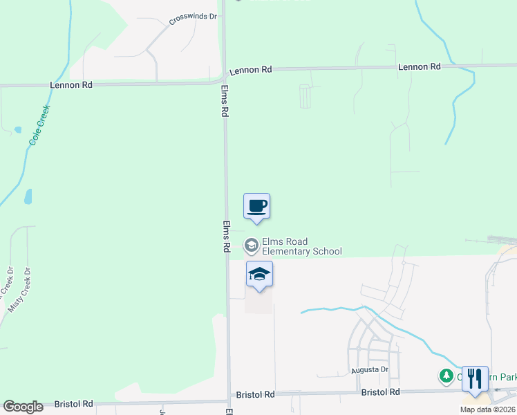 map of restaurants, bars, coffee shops, grocery stores, and more near 3175 Elms Road in Swartz Creek