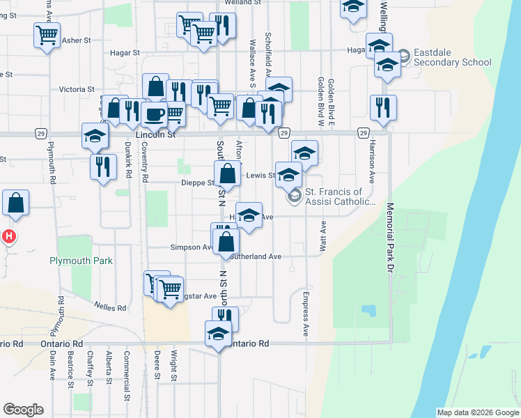 map of restaurants, bars, coffee shops, grocery stores, and more near 77 Balmoral Avenue in Welland