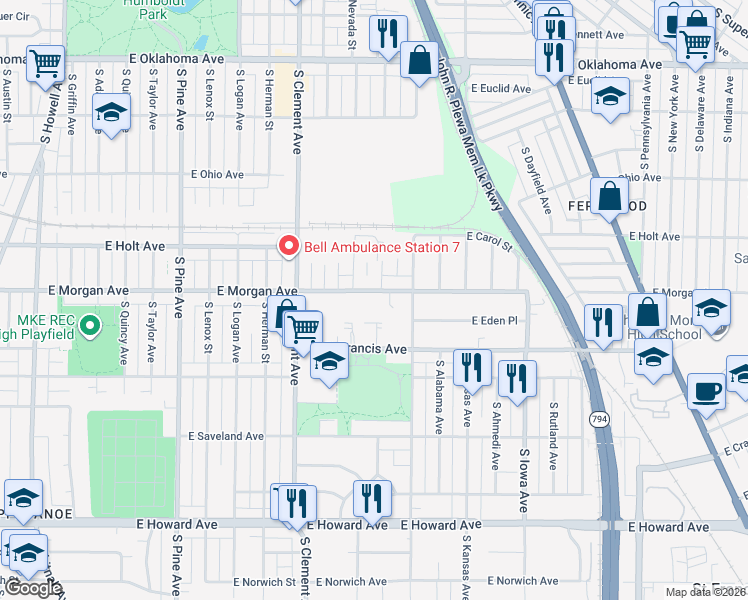 map of restaurants, bars, coffee shops, grocery stores, and more near 1429 East Morgan Avenue in Milwaukee