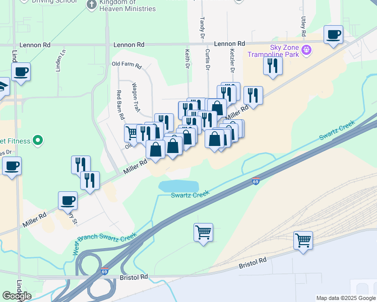 map of restaurants, bars, coffee shops, grocery stores, and more near 4205 Miller Road in Flint