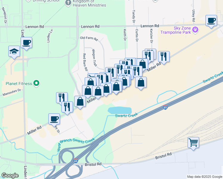 map of restaurants, bars, coffee shops, grocery stores, and more near 4205 Miller Road in Flint