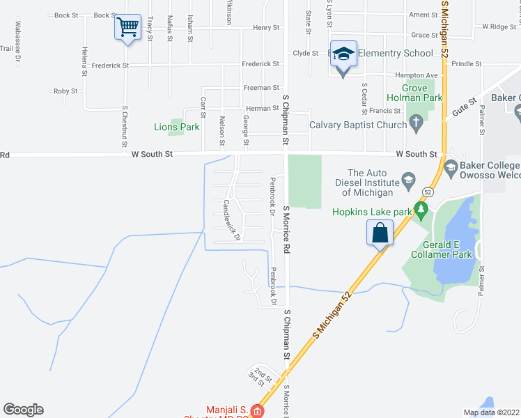 map of restaurants, bars, coffee shops, grocery stores, and more near 1304 Chatham Street in Owosso