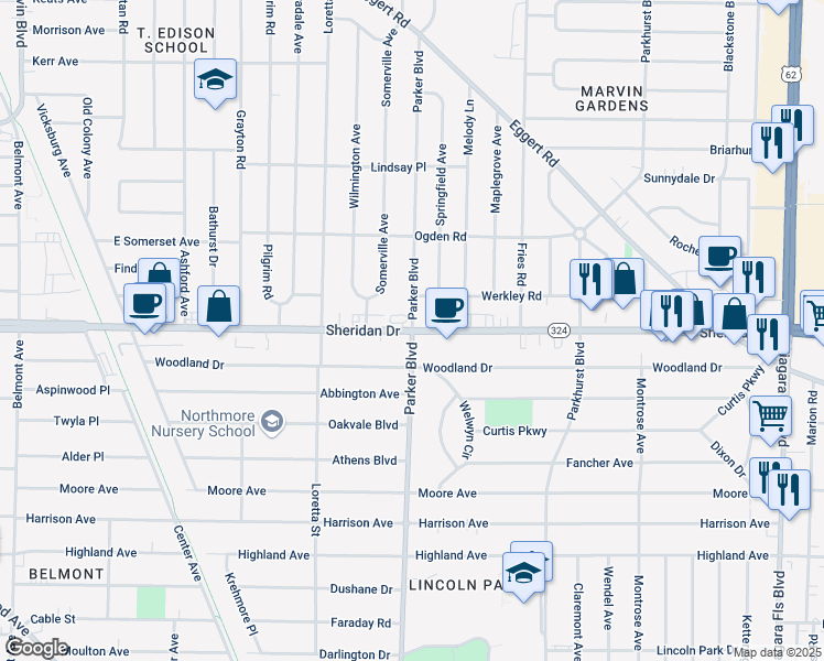 map of restaurants, bars, coffee shops, grocery stores, and more near Sheridan Dr & Parker Blvd in Erie County