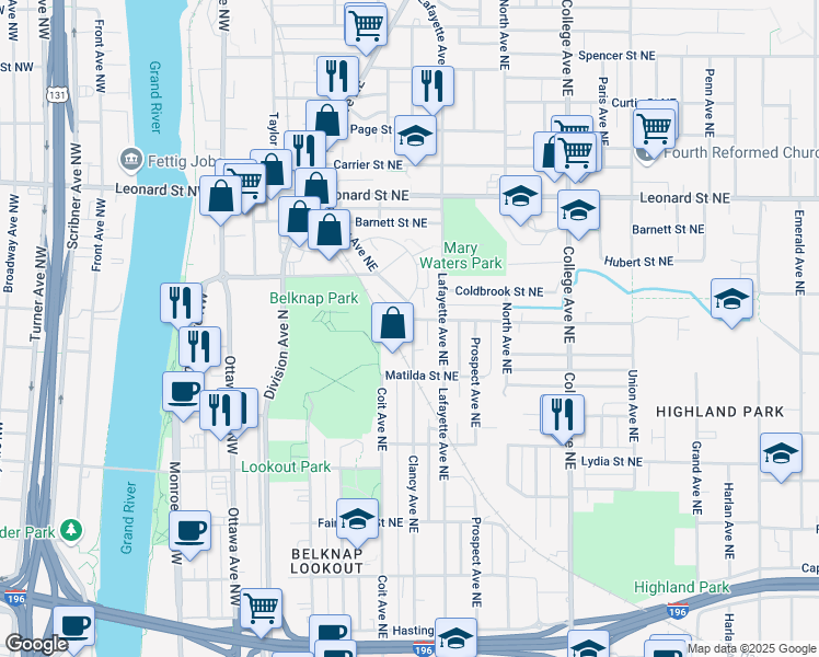 map of restaurants, bars, coffee shops, grocery stores, and more near 1005 Clancy Avenue Northeast in Grand Rapids