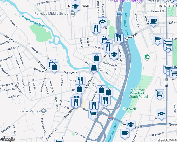 map of restaurants, bars, coffee shops, grocery stores, and more near 169 South Main Street in Manchester