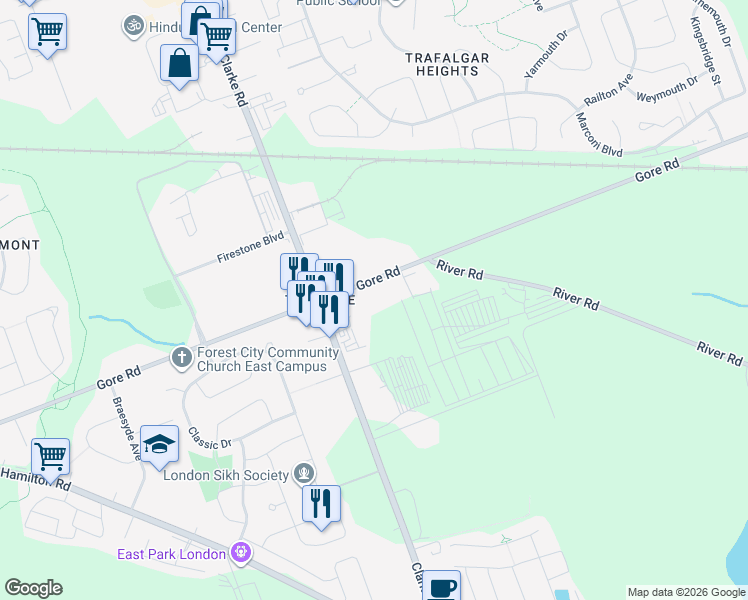 map of restaurants, bars, coffee shops, grocery stores, and more near 1783 Gore Road in London