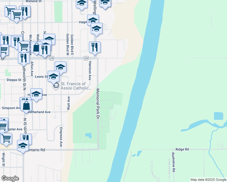 map of restaurants, bars, coffee shops, grocery stores, and more near 120 Viger Drive in Welland