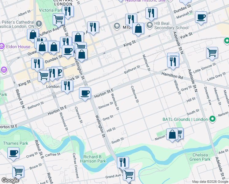 map of restaurants, bars, coffee shops, grocery stores, and more near 339 Horton Street East in London
