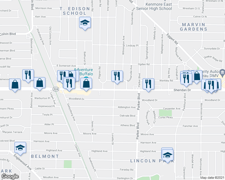 map of restaurants, bars, coffee shops, grocery stores, and more near 2505 Highway 324 in Tonawanda