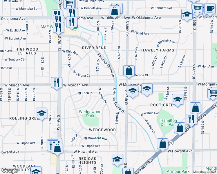 map of restaurants, bars, coffee shops, grocery stores, and more near 6927 West Morgan Avenue in Milwaukee