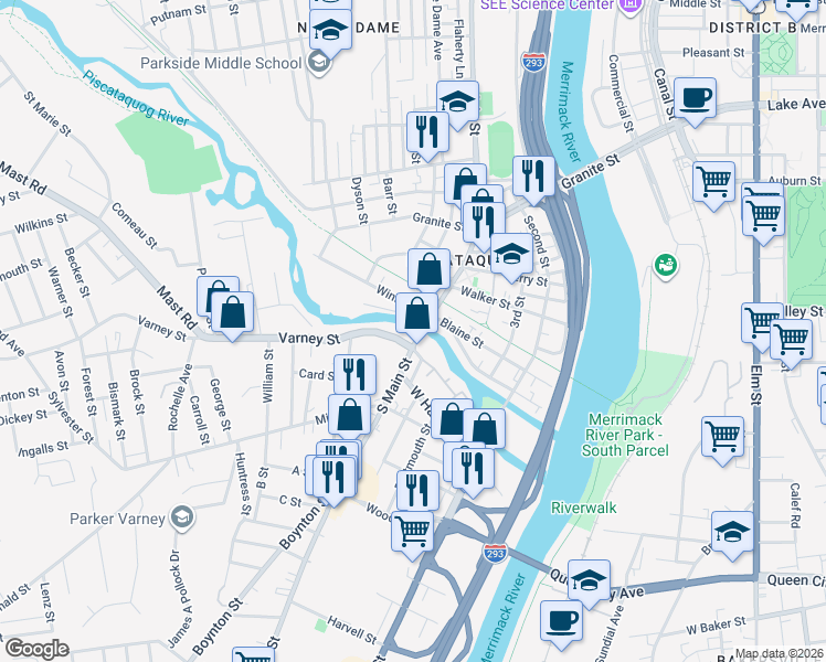 map of restaurants, bars, coffee shops, grocery stores, and more near 169 South Main Street in Manchester