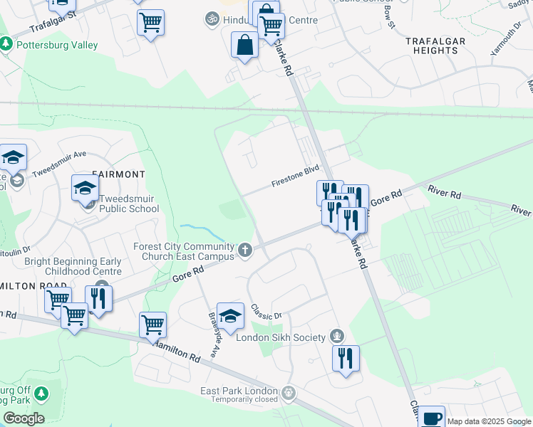 map of restaurants, bars, coffee shops, grocery stores, and more near 14 Firestone Boulevard in London