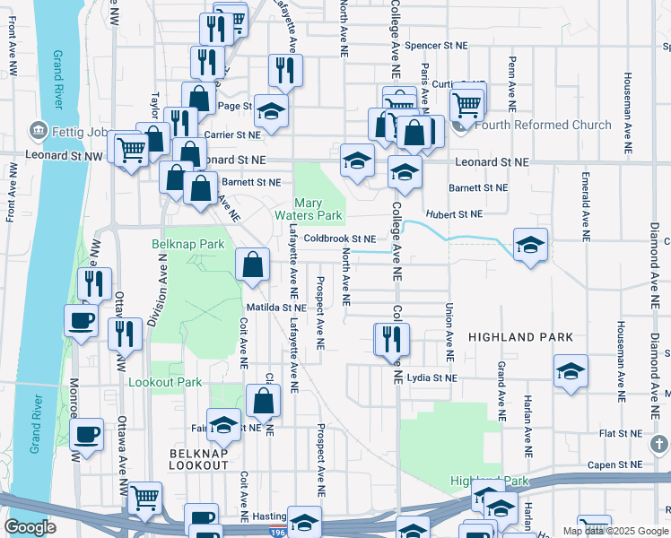 map of restaurants, bars, coffee shops, grocery stores, and more near 342 Cedar Street Northeast in Grand Rapids