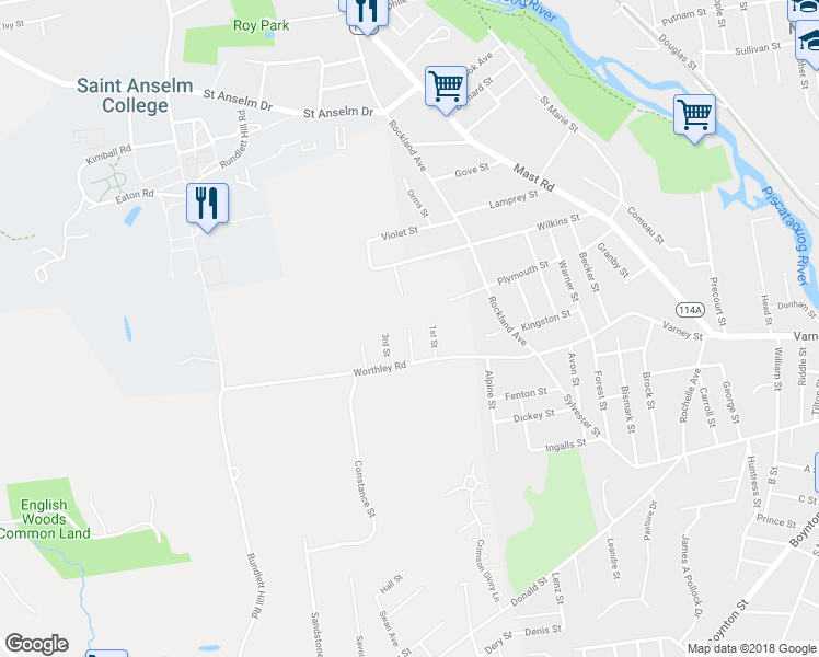 map of restaurants, bars, coffee shops, grocery stores, and more near 17 2nd Street in Bedford