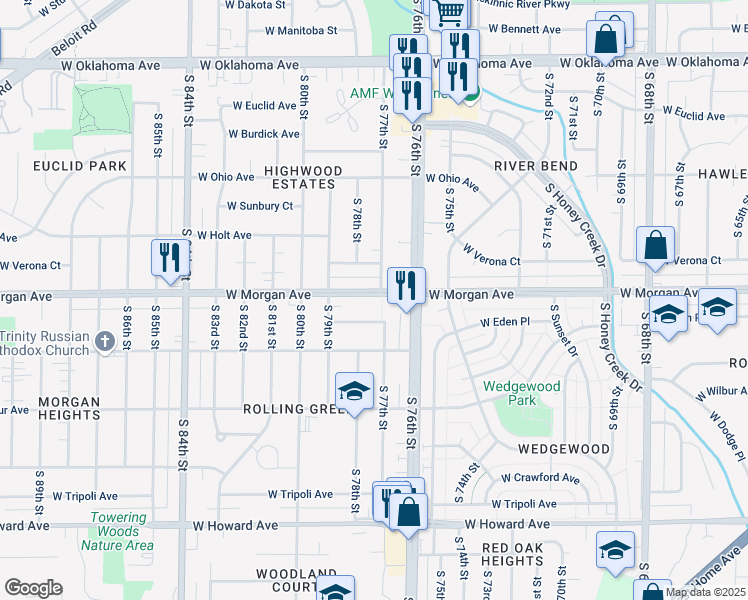 map of restaurants, bars, coffee shops, grocery stores, and more near 7707 West Morgan Avenue in Milwaukee