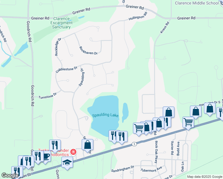 map of restaurants, bars, coffee shops, grocery stores, and more near 9785 Rocky Point in Clarence