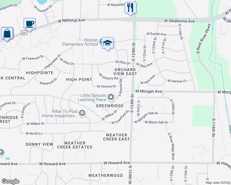 map of restaurants, bars, coffee shops, grocery stores, and more near 12540 West Eden Trail in New Berlin