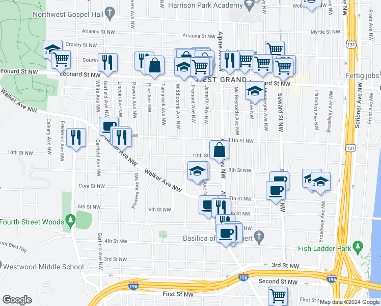 map of restaurants, bars, coffee shops, grocery stores, and more near 869 10th Street Northwest in Grand Rapids