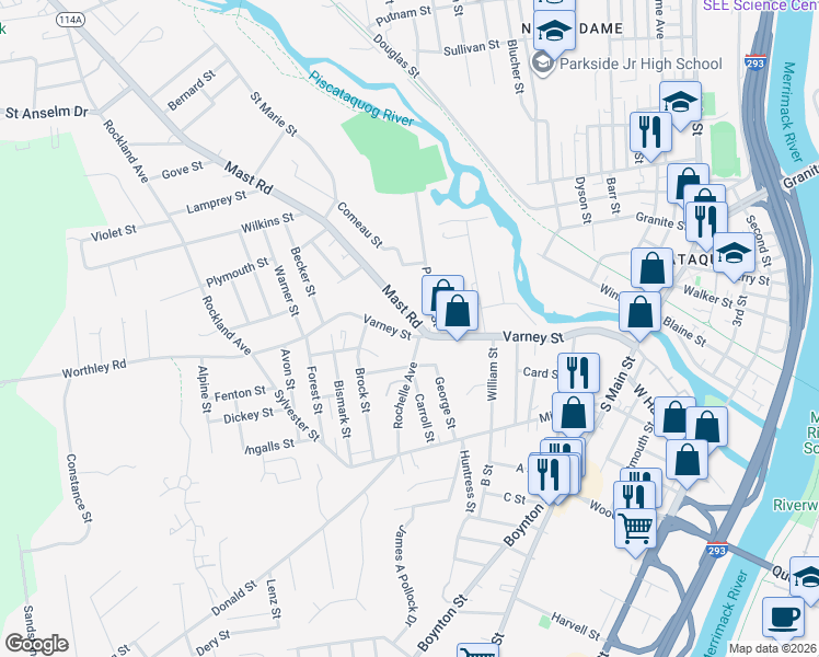 map of restaurants, bars, coffee shops, grocery stores, and more near 58 Mast Road in Manchester