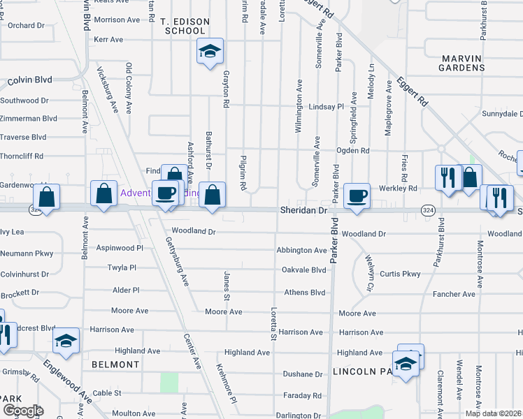 map of restaurants, bars, coffee shops, grocery stores, and more near 2481 Sheridan Drive in Tonawanda