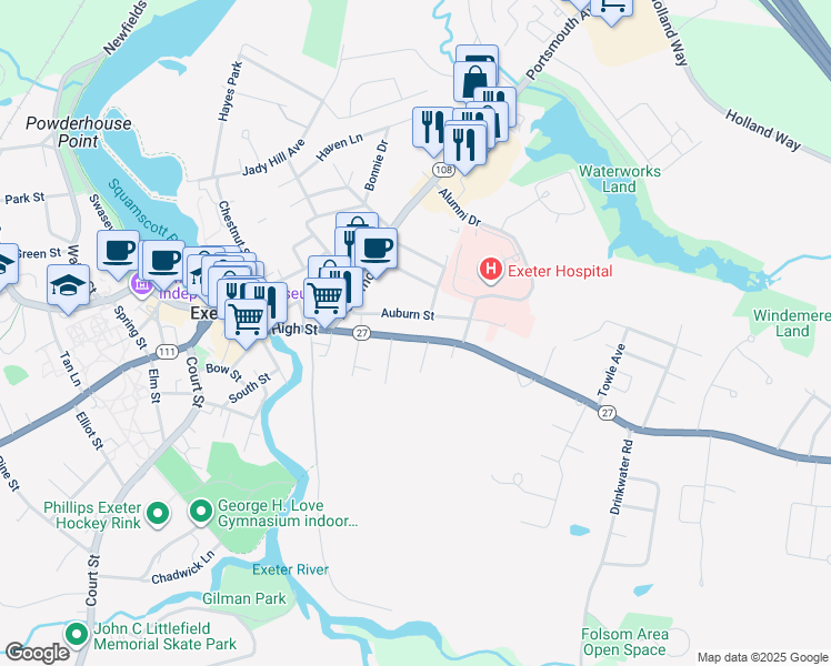 map of restaurants, bars, coffee shops, grocery stores, and more near 72 High Street in Exeter