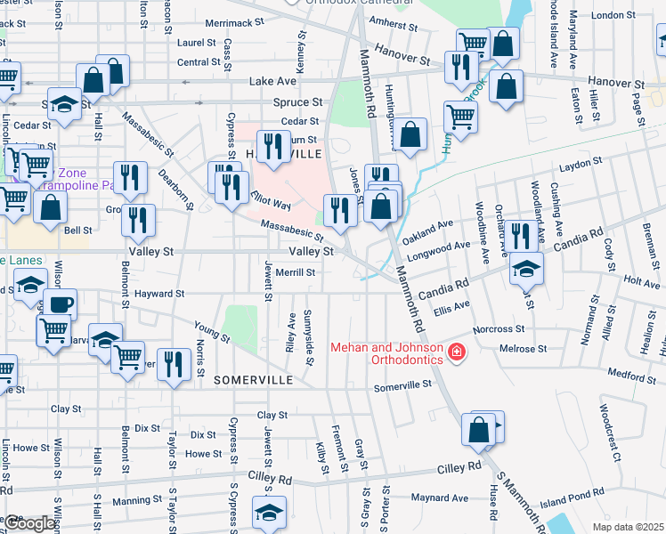 map of restaurants, bars, coffee shops, grocery stores, and more near 683 Massabesic Street in Manchester