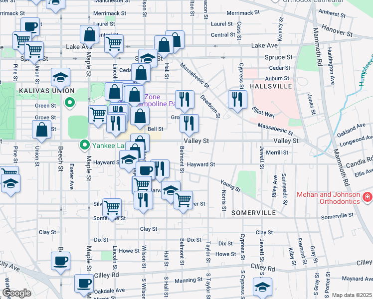 map of restaurants, bars, coffee shops, grocery stores, and more near 276 Belmont Street in Manchester