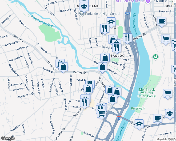 map of restaurants, bars, coffee shops, grocery stores, and more near 121 Varney Street in Manchester