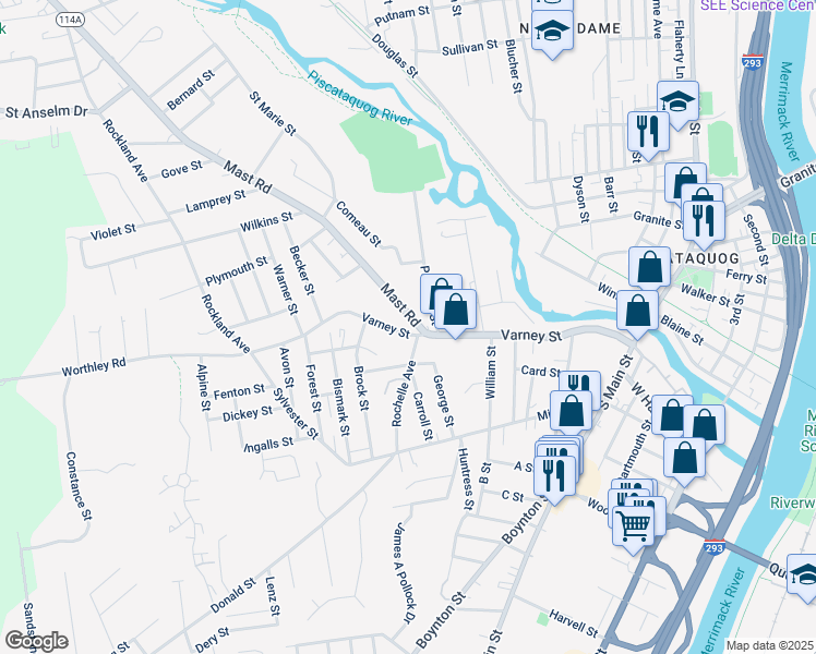 map of restaurants, bars, coffee shops, grocery stores, and more near 58 Mast Road in Manchester