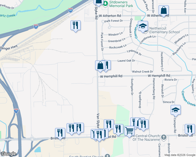 map of restaurants, bars, coffee shops, grocery stores, and more near 3848 Van Slyke Road in Flint