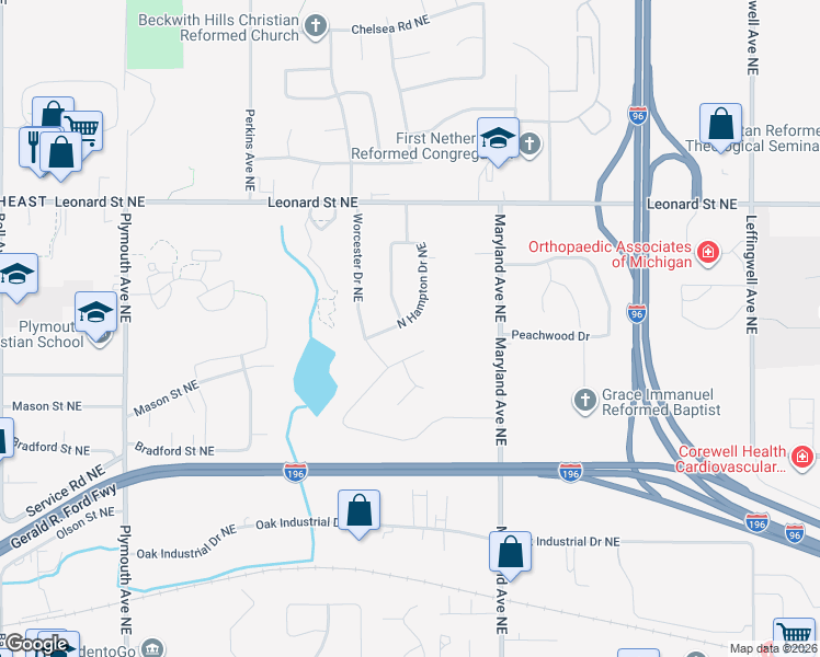 map of restaurants, bars, coffee shops, grocery stores, and more near 1010 North Hampton Drive Northeast in Grand Rapids