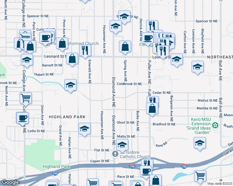 map of restaurants, bars, coffee shops, grocery stores, and more near 960 Diamond Avenue Northeast in Grand Rapids