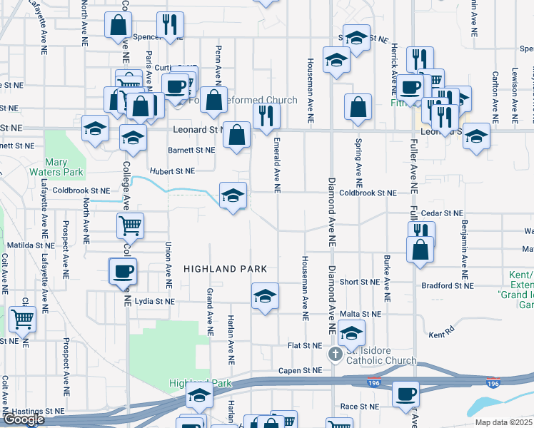 map of restaurants, bars, coffee shops, grocery stores, and more near 1005 Emerald Avenue Northeast in Grand Rapids